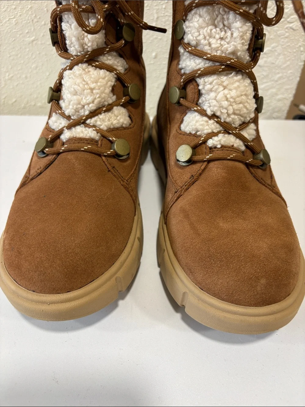 Sorel Explorer III Joan Cozy Shearling-Lace Winter Boots in Brown